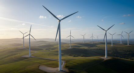 Wind farm on rolling hills with blue sky.