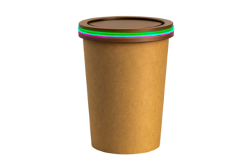 Brown Paper Coffee Cup with Neon Accent Rings on Transparent Background, ai generated