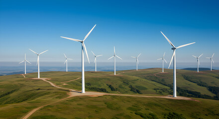 Wind turbines on a mountain ridge generating clean energy.