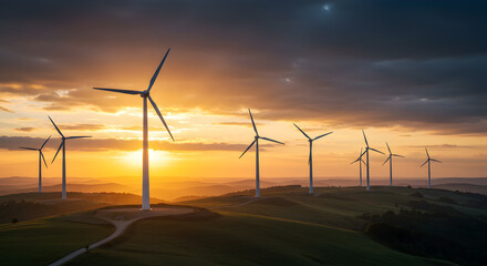Wind Turbines at Sunset, Renewable Energy