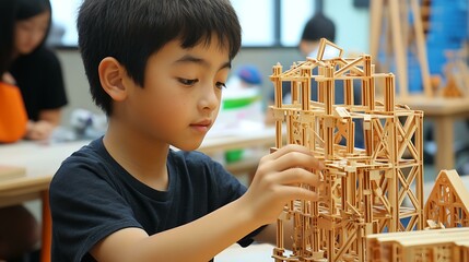Boy building model for STEM class with materials and guidebook