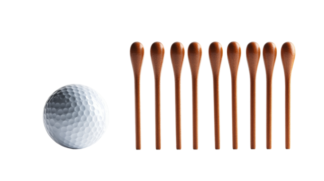 A set of golf tees lined up next to a golf ball, Transparent background, PNG file