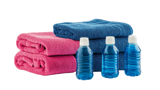 A set of gym towels and water bottles, ready for a workout, Transparent background, PNG file