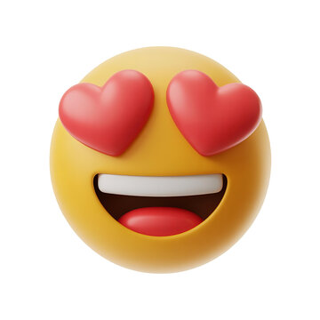 3d yellow smiling emoji face with heart-shaped eyes isolated on transparent background.