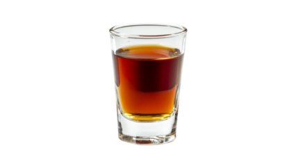 A shot of bourbon served neat in a small glass,Transparent background, PNG file
