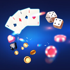 Gambling design. Roulette wheel, slot machine, playing chips, dice and poker cards. Casino advertising template. Mobile game