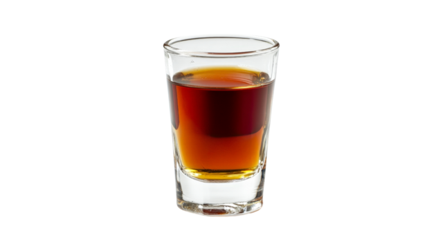A shot of bourbon served neat in a small glass,Transparent background, PNG file