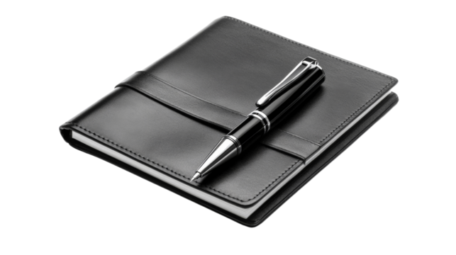 A sleek black leather notebook and pen set, ready for business meetings, Transparent background, PNG file