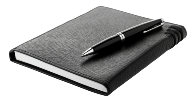 A sleek black leather notebook and pen set, ready for business meetings, Transparent background, PNG file