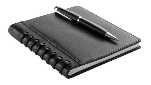 A sleek black leather notebook and pen set, ready for business meetings, Transparent background, PNG file