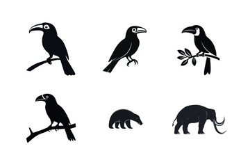 Obraz premium Silhouette collection of toucans anteater and mammoth