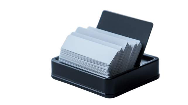A sleek business card holder with several cards displayed, Transparent background, PNG file