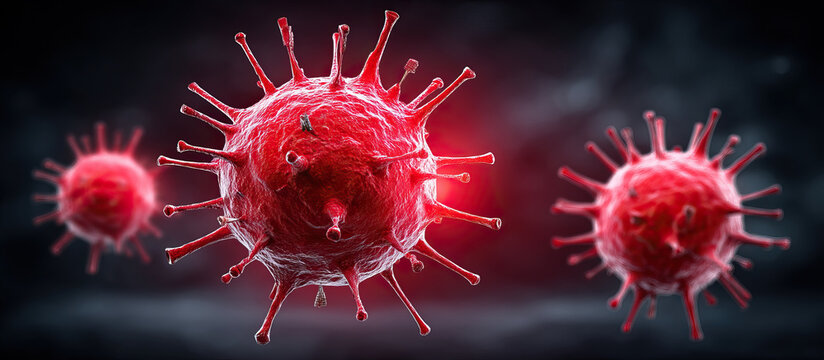 Red virus particle mrsa infection closeup with spikes and surface detail in dark background showing medical concept