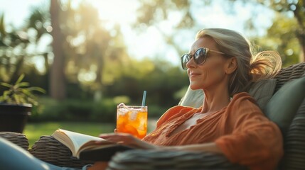 A woman enjoys a tranquil afternoon in her backyard, reclining on a lounge chair. She sips a colorful drink while reading a book, bathed in warm sunlight