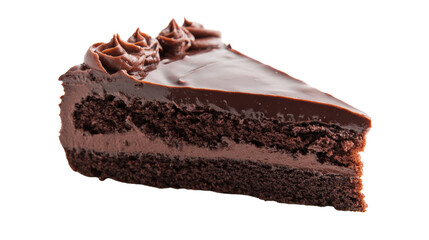 A slice of chocolate cake with rich ganache, Transparent background, PNG file