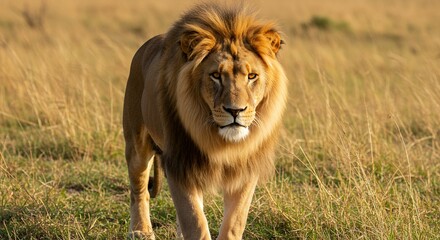 Fototapeta premium Male Lion in Grassland Walking Forward