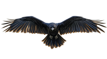 Fototapeta premium A sleek raven flying through the sky, its wings spread wide, Transparent background, PNG file