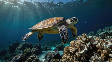 Obraz premium Sea Turtle Swimming Near Coral Reefs