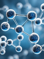 Molecular structure with connected transparent spheres and network patterns, representing scientific and biological interface