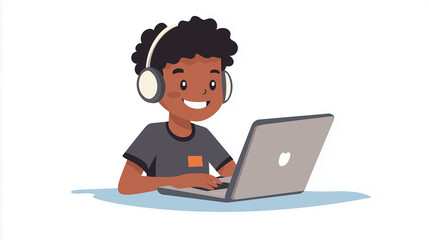 A smiling boy wearing headphones uses a laptop, appearing focused and engaged in a bright setting.
