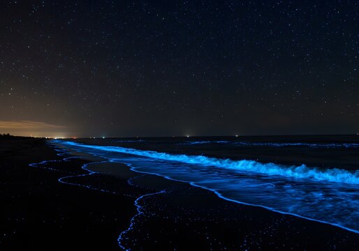 Bioluminescent waves illuminating the shore at night with stars - Powered by Adobe