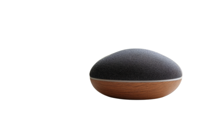 A smart home assistant device, voice-controlled, sitting on a table, Transparent background, PNG file