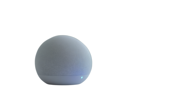 A smart home assistant device, voice-controlled, sitting on a table, Transparent background, PNG file