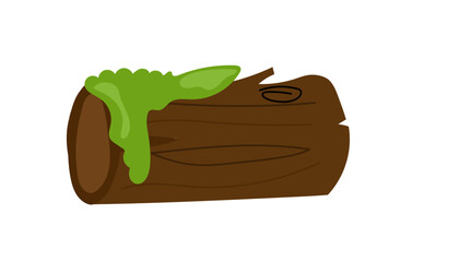 cartoon fallen tree, decorated with green moss, decorated with snow, pieces of the remaining felled tree