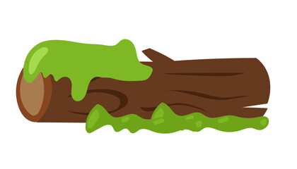 cartoon fallen tree, decorated with green moss, decorated with snow, pieces of the remaining felled tree