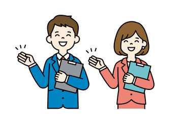 資料を持って案内する、ビジネスマンのシンプルなベクターイラスト素材＿男女セット＿カラー