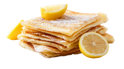 A stack of thin French crepes with powdered sugar and lemon, Transparent background, PNG file