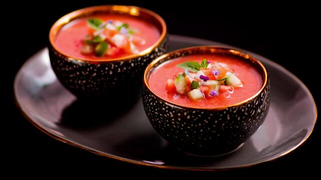 Gourmet gazpacho soup in elegant bowls.