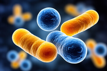 Bacteria and virus cells in blue and orange colors showing mrsa infection and microscopic view of harmful germs