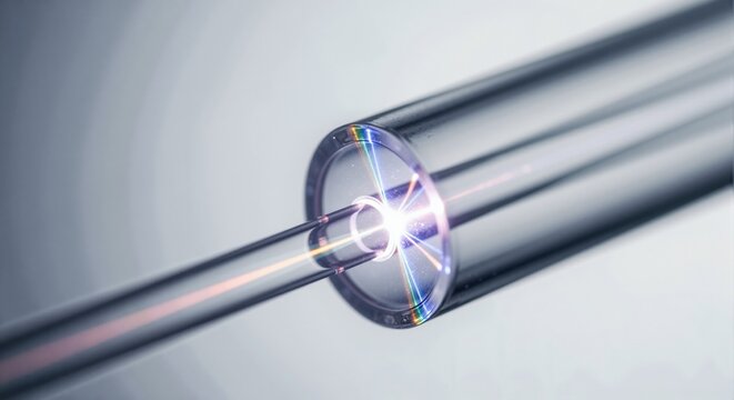 Fiber optic cable with light traveling through it. Data transmission technology concept. Telecommunication and internet connection.