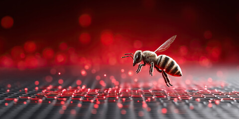 Nanobot concept with bee hovering over hexagonal grid symbolizing immune system support in futuristic environment