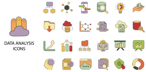 Data Analysis simple concept 24 hand drawn color icons set .Vector illustration.