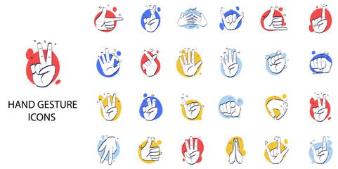 Hand Gesture simple concept 24 hand drawn color icons set .Vector illustration.