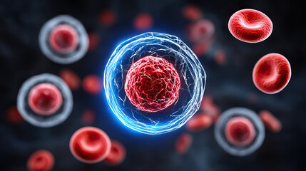 Detailed 3D illustration of cell surrounded by red blood cells showing complex structure and mrsa infection risk in bloodstream