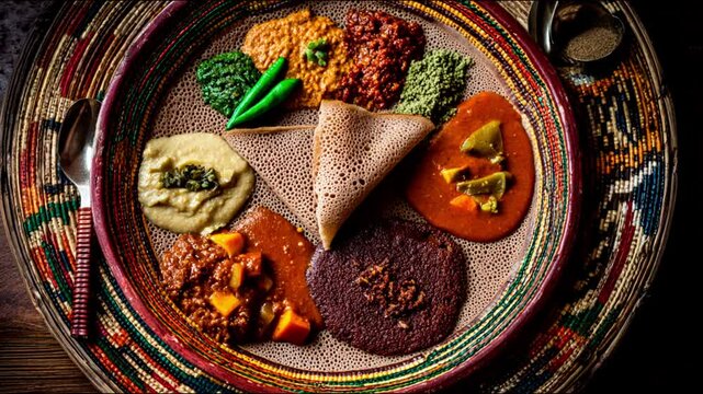 Delicious Ethiopian food platter with injera bread and various stews.