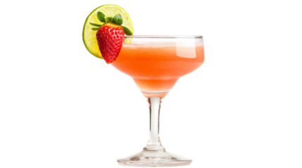 A tropical daiquiri with a garnish of lime and strawberry, served in a cocktail glass, Transparent background, PNG file