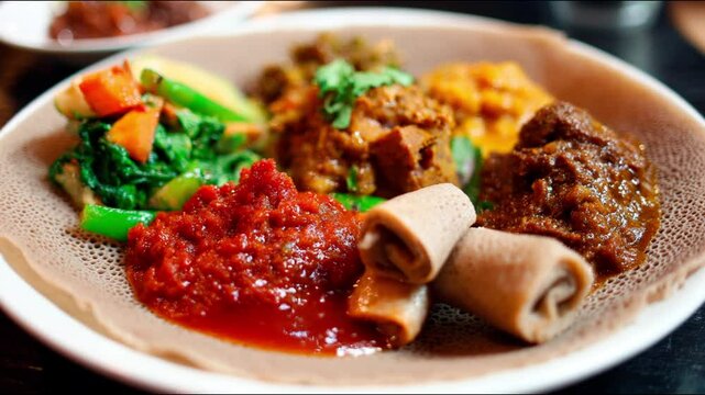 Ethiopian cuisine featuring injera flatbread with colorful toppings.