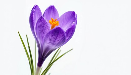 A violet crocus flower emerging from a short stem isolated on white