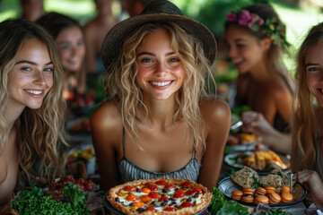 women enjoying pizza and drinks at a table.
