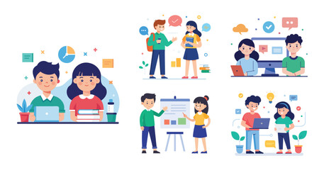 Fototapeta premium A boy and a Girl studying and learning with books and a computer, Flat design vector illustration with white background