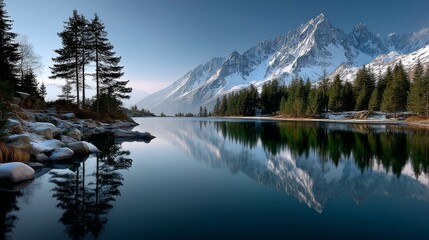 Majestic snow-capped mountains reflecting in tranquil lake nature landscape serene environment panoramic view