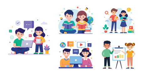 A boy and a Girl studying and learning with books and a computer, Flat design vector illustration with white background