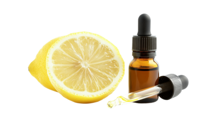 A vial of lemon essential oil with a dropper, Transparent background, PNG file