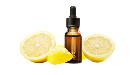 A vial of lemon essential oil with a dropper, Transparent background, PNG file
