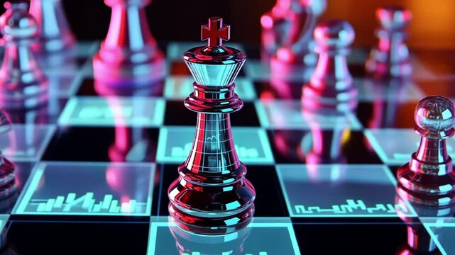 King's Gambit: A regal king piece, illuminated against the futuristic chessboard, symbolizing strategy, intellect, and power. A compelling visual of calculated moves and strategic brilliance.