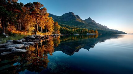 Naklejka premium Sunset reflection on serene lake amidst majestic mountains nature photography tranquil environment wide angle view